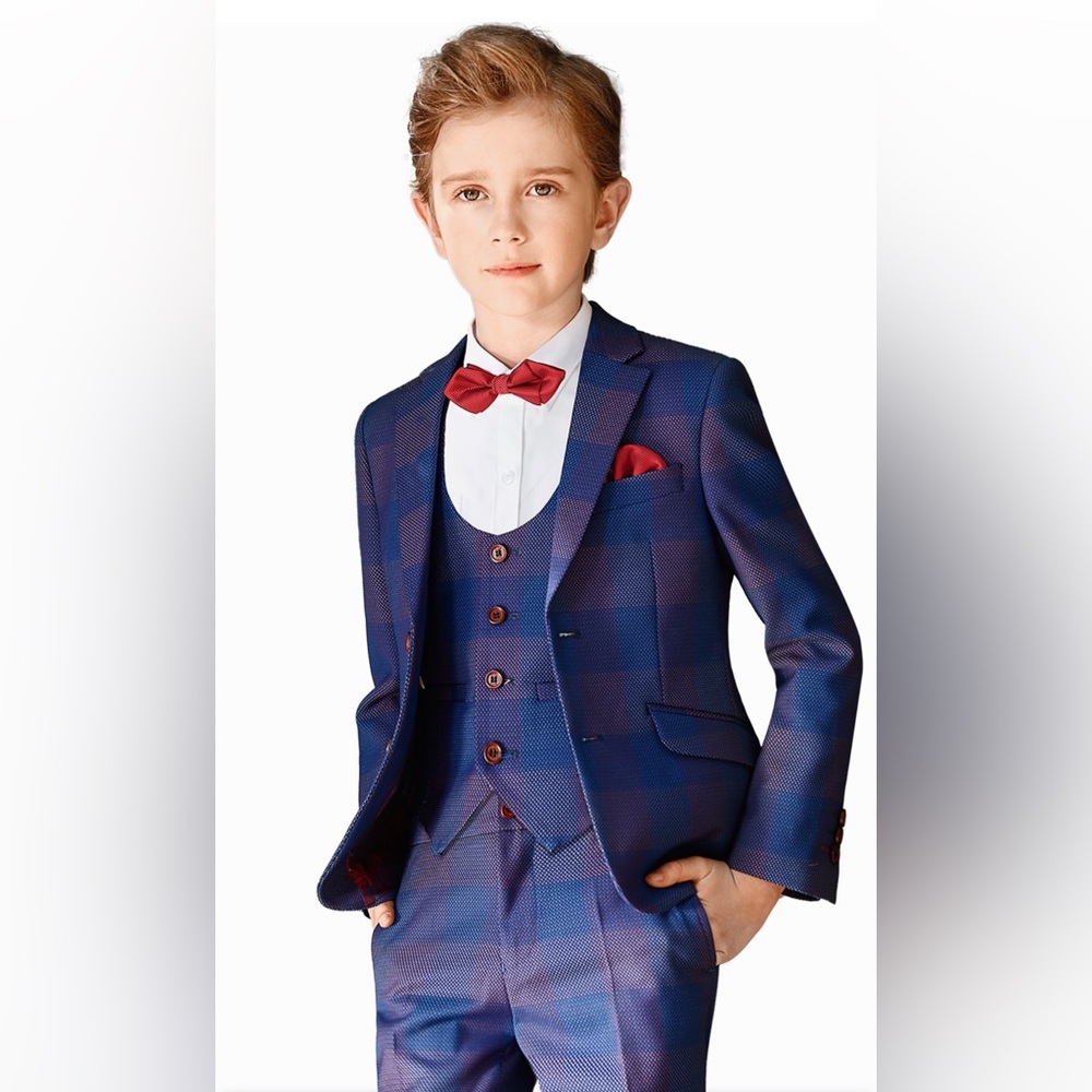 ELPA BOY 3 Piece BLUE PLAID SUIT with RED PAISLEY LINING (Size 10)